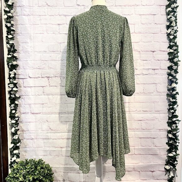 Lark + Grey Womens Midi Dress Floral Print Smocked Waist Long Sleeve Boho Small - Picture 2 of 13